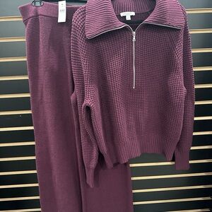 NWT Ann Taylor Weekend Ribbed Knit Sweater pant and half zip sweater set in Plum